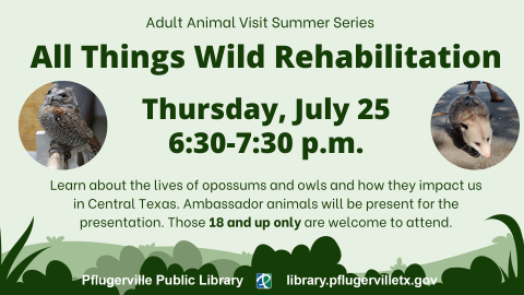 Graphic with title and event date, including picture of an owl and opossum