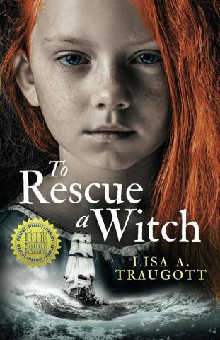 Book cover: To Rescue a Witch. A child with red hair appears in the background. Foreground is a ship in choppy water.