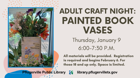 Graphic with title and event date, and photo of painted book vases filled with faux flowers