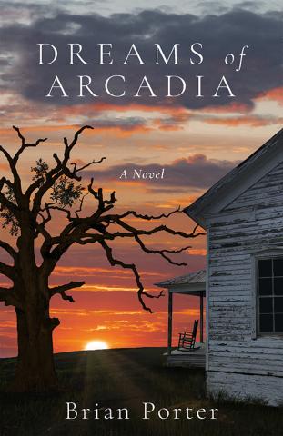 Book cover featuring a sunset and an old wooden house