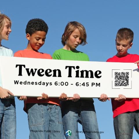 Tweens reading a sign that says tween time on Wednesdays at 6 PM