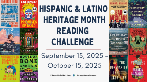 Several book covers surround the text: Hispanic and Latino Heritage Month Reading Challenge, September 15, 2025-October 15, 2025