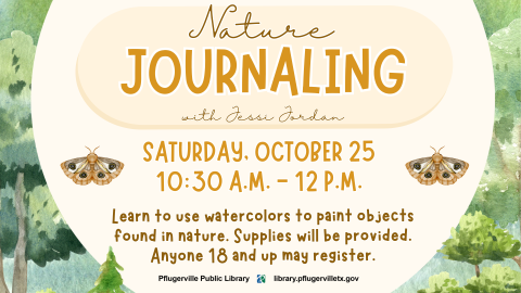 Text includes event information. Watercolors of trees and moths surround the text.