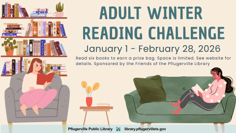 Adult Winter Reading Challenge dates, graphic includes two women sitting in a living room and reading