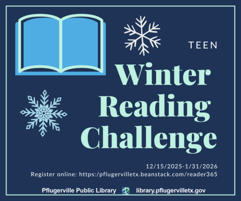 Light blue open book and snowflakes on a dark blue background