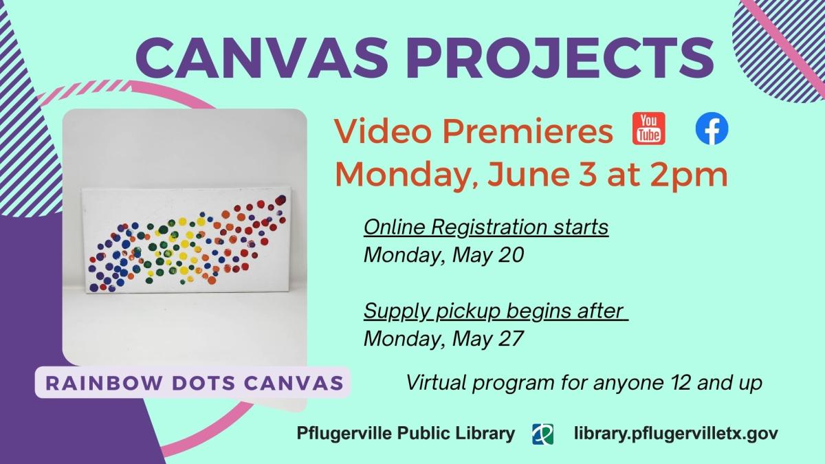 Event slide with date, time and photo of rainbow dot canvas