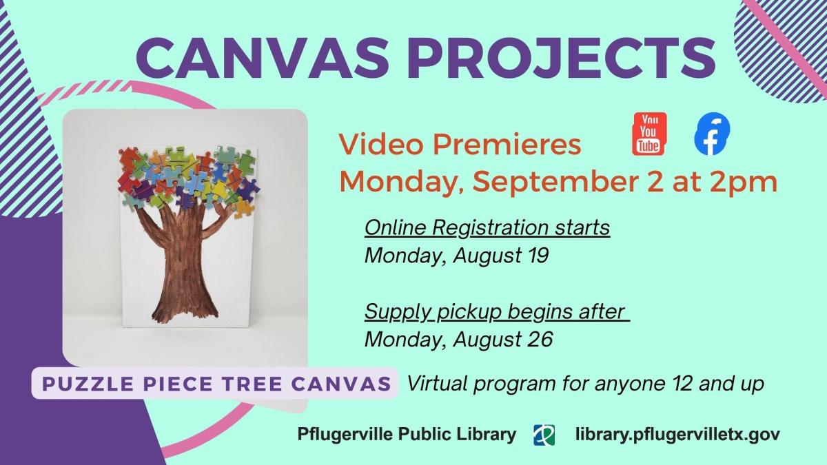 Event slide with date, time and photo of puzzle piece tree canvas