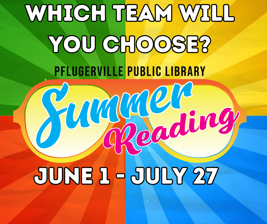 Red, blue, yellow and green squares with sunglasses that say Pflugerville Public Library Summer Reading. June 1-July 27