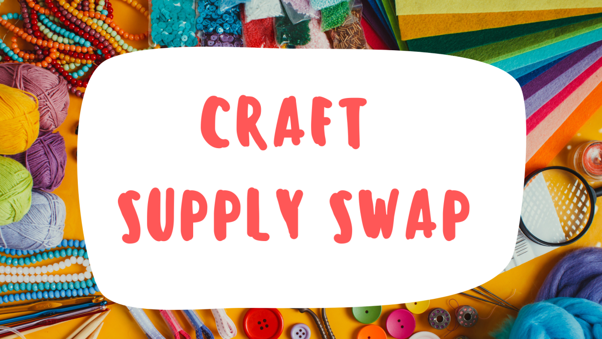 Craft supplies on yellow backround. Text overlaid reads "Craft supply swap".