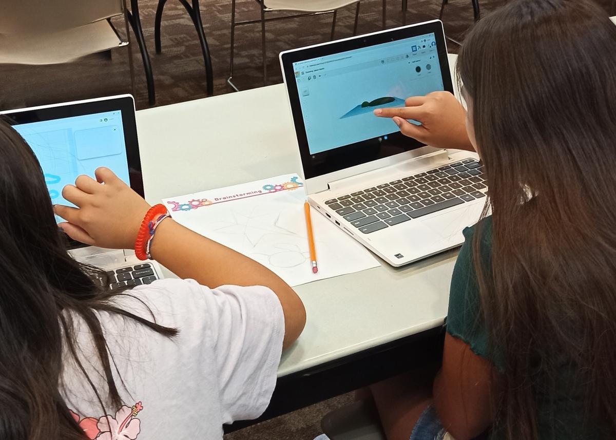 Young girls working on computer.