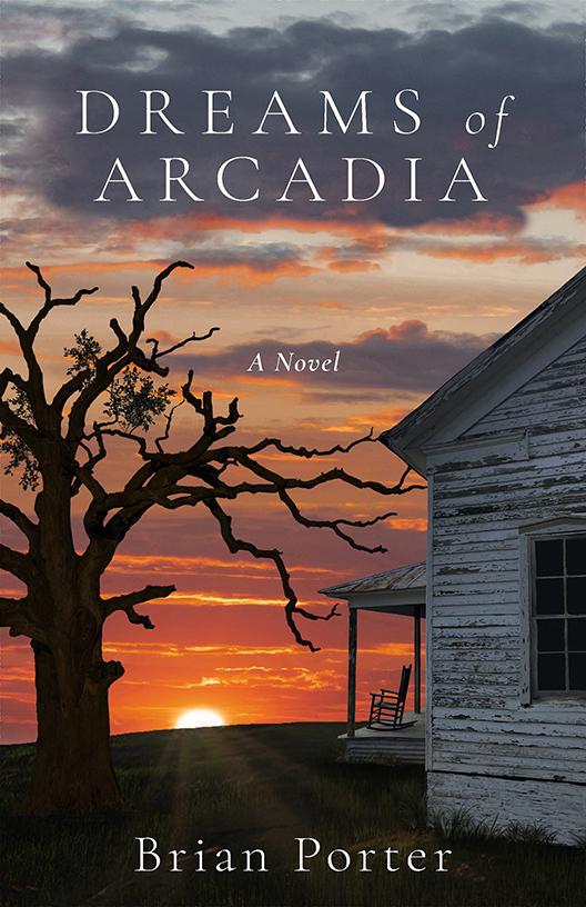 Book cover featuring a sunset and an old wooden house