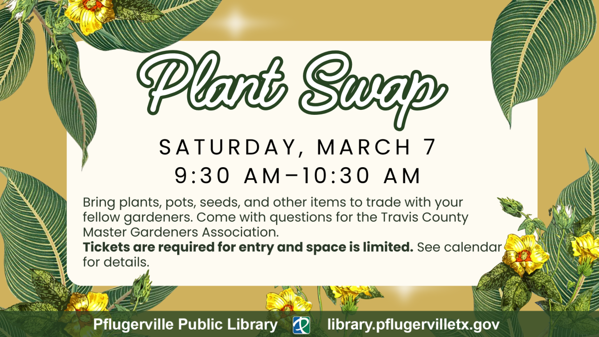 Text includes event information. Background is yellow with several green plants.